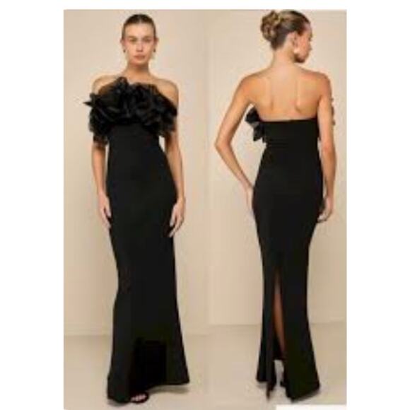 Lulus Women's Evening Excellence Black Ruffled Strapless Mermaid Maxi Dress Sz - Picture 8 of 9